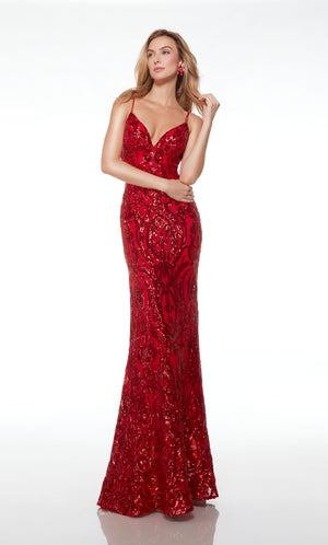 Fit-and-flare red formal dress with V neckline, dual spaghetti straps, lace-up back, and an train, featuring an gorgeous paisley-patterned design.