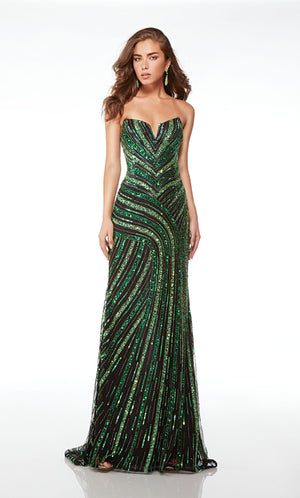 Strapless black and green hand-beaded gown with an zipper back enclosure and an slight train for an touch of elegance.