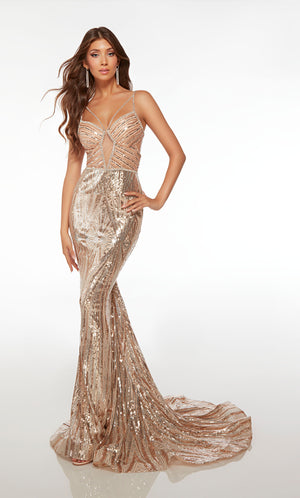 Captivating gold mermaid dress with butterfly-inspired bodice, strappy open back, train, and stunning sequin design for an glamorous allure.