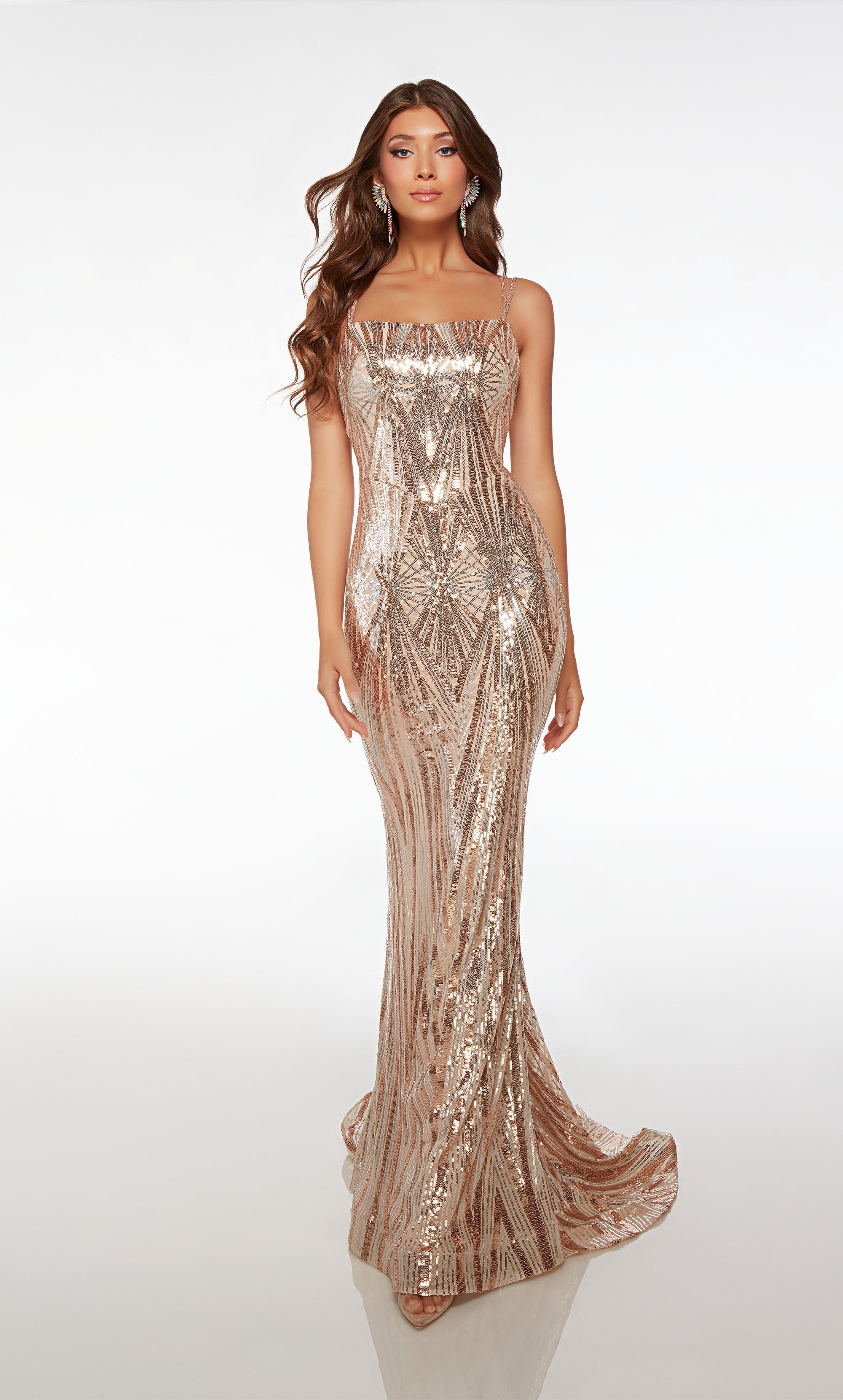 Alluring gold formal dress: mermaid silhouette, square neckline, dual spaghetti straps, strappy open back, and an graceful train.