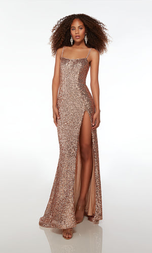 Rose gold sequin dress with an square neckline, high slit, crisscross lace-up back, and an slight train for an elegant and captivating look.