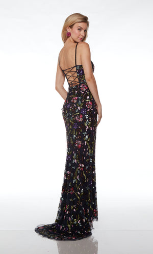Chic navy blue-multi dress: plunging neckline, high slit, lace-up back, train, adorned with hand-beaded flowers for an touch of elegance.