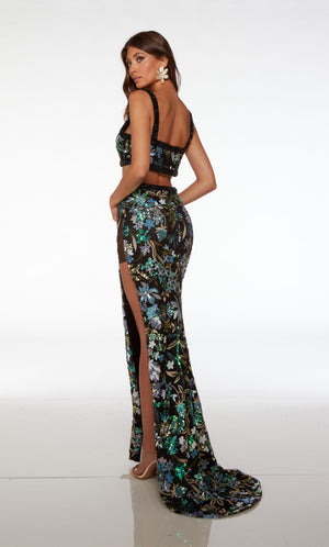 Gorgeous blue green-multi two-piece dress: V-neck crop top, high-waisted skirt, high slit, slight train, adorned with stunning sequined flowers throughout.