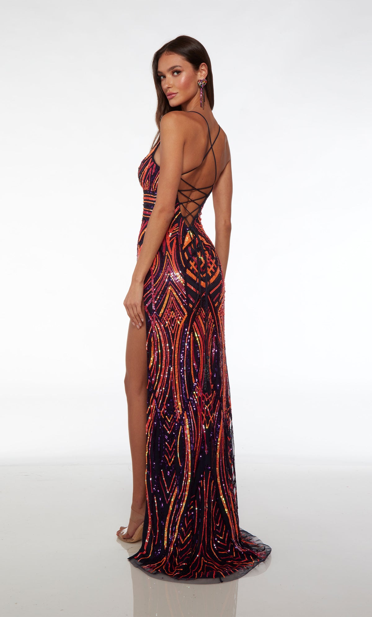 Exquisite hand-beaded formal dress in midnight-multi: V neckline, high side slit, crisscross strappy back, and an slight train for an touch of elegance.