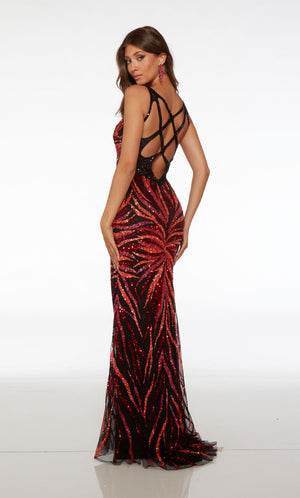 Unique black-flame hand-beaded designer dress with an V neckline, high slit, striking open back, and an slight train for an captivating look.