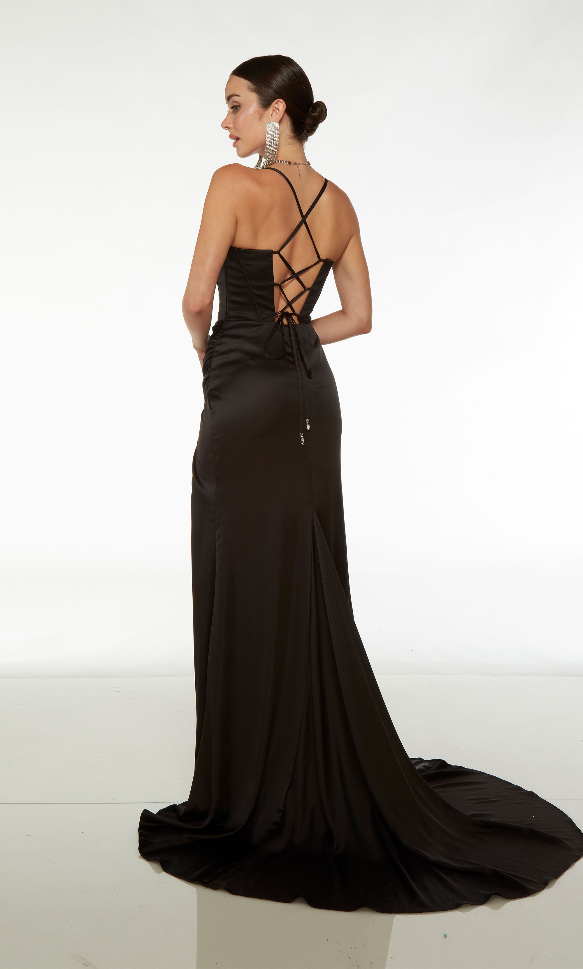 Black satin corset dress with an cowl sweetheart neckline, dual straps, high slit, crisscross lace-up back, and an elegant train.