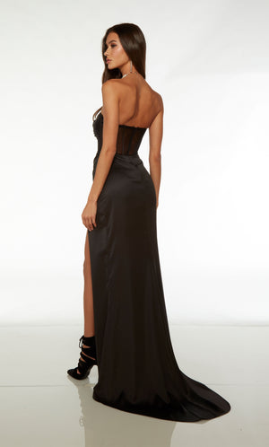 Edgy black ALYCE designer dress with strapless neckline, sheer corset bodice, high side slit, train, and an detachable side train for added dramatic effect.