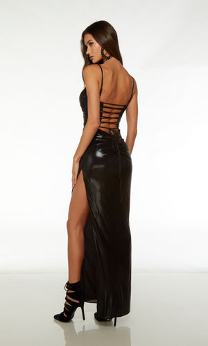 Edgy black formal dress in metallic stretch with an modified sweetheart neckline, adjustable straps, ruching detail, side slit, and lace-up back.