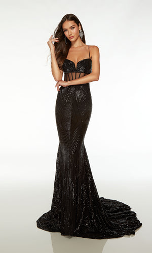 Chic black prom dress: modified sweetheart neckline, sheer corset bodice, crisscross strap back, long train, and an stunning sequin design.