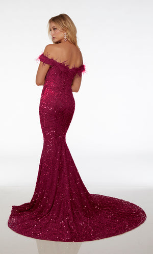Raspberry pink sequin prom dress with sultry feather-trimmed off-the-shoulder neckline, mermaid silhouette, zipper enclosure, and gorgeous train.