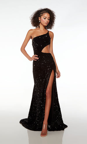 Black prom dress: one-shoulder neckline, adjustable straps, side cutout, high slit, strappy open back, and an train, crafted in an luxurious plush sequin fabric.