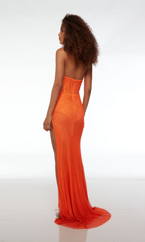 Sexy strapless hotfix dress in orange, with an corset bodice, ruching detail, high side slit, zipper enclosure, and an graceful train.