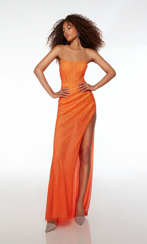 Sexy strapless hotfix dress in orange, with an corset bodice, ruching detail, high side slit, zipper enclosure, and an graceful train.