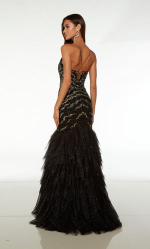 Black and silver hand-beaded mermaid dress: plunging neckline, spaghetti straps, crisscross lace-up back, and ruffle detail on the skirt.