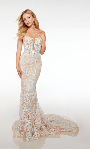 White prom dress with sand lining, sheer corset bodice, spaghetti straps, mermaid silhouette, lace-up back, train, and an gorgeous iridescent sequin design.