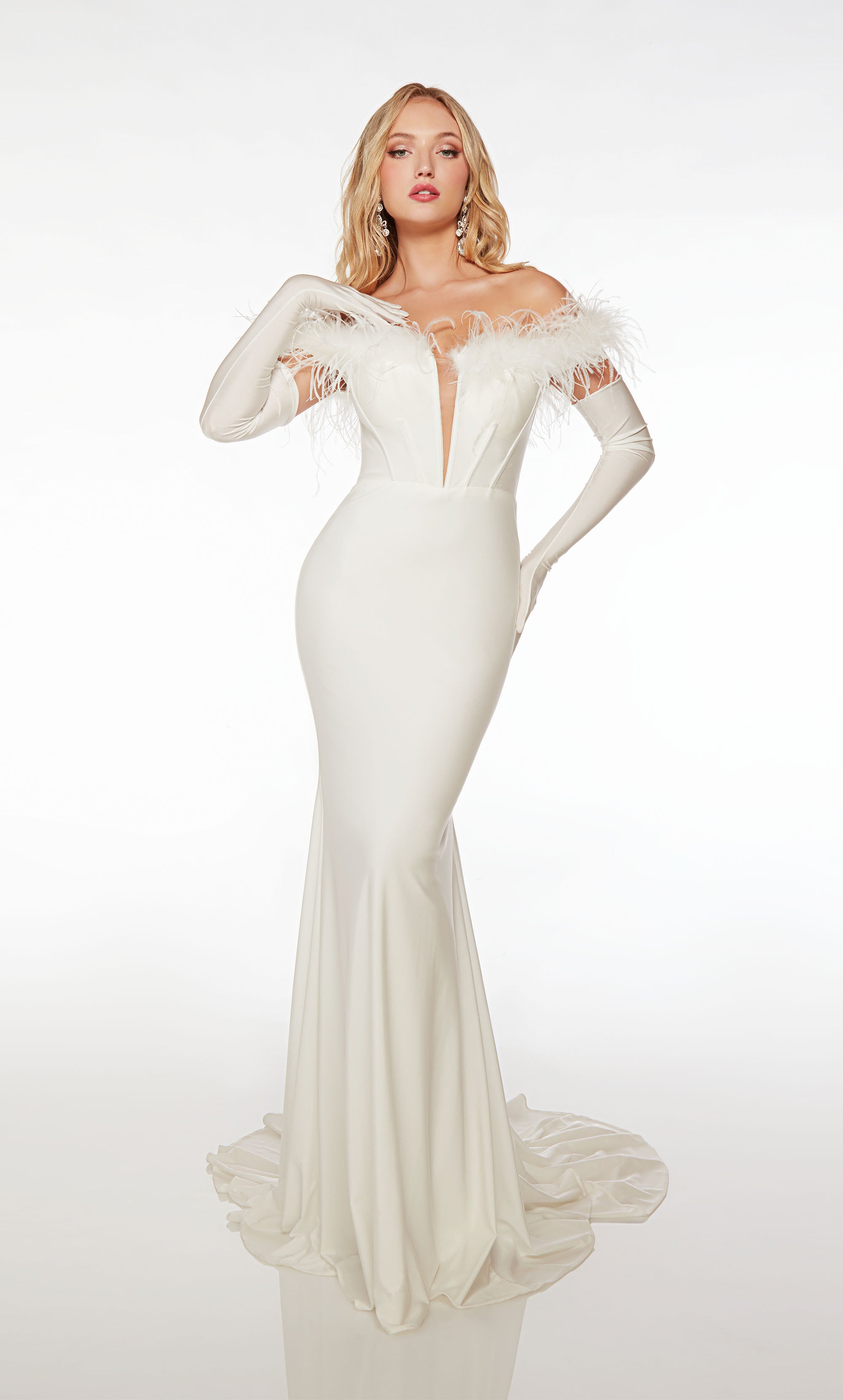 Hollywood glam white mermaid dress, feather neckline, matching long gloves for timeless elegance.