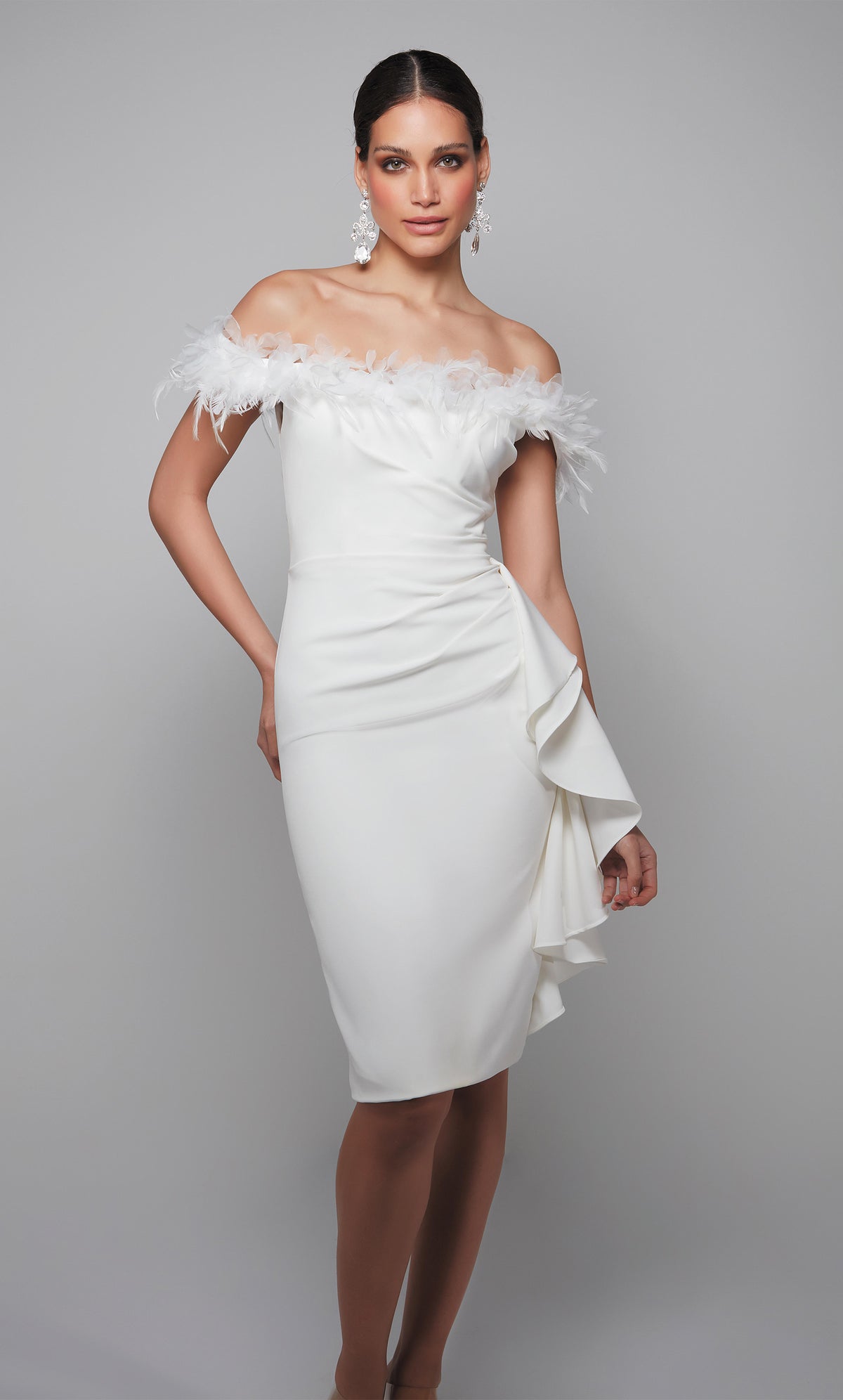 Ivory engagement dress with side ruffle and feather trimmed off the shoulder bodice. Color-SWATCH_70000__IVORY