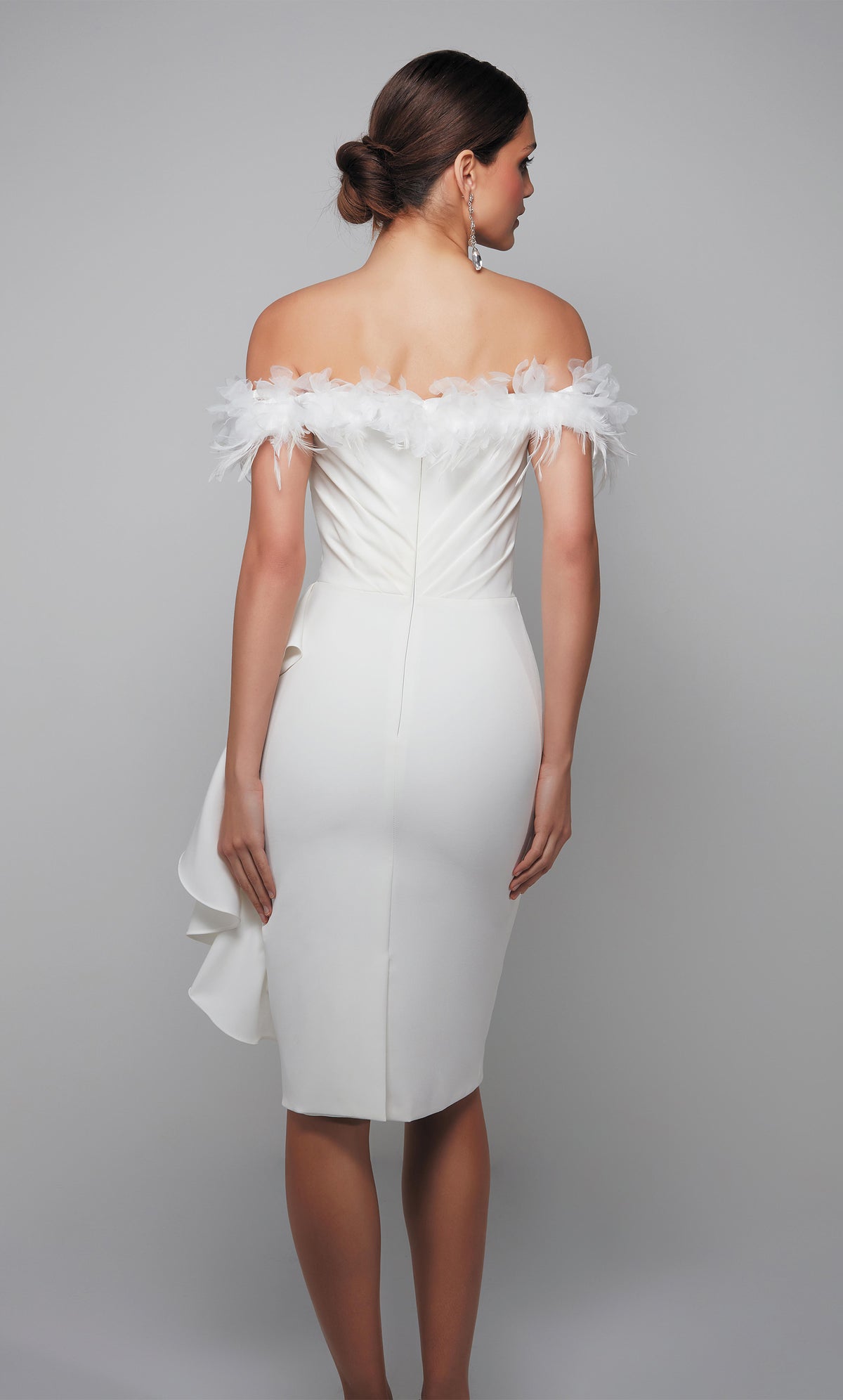 Ivory engagement dress with side ruffle,  feather trimmed off the shoulder bodice, and back slit.
