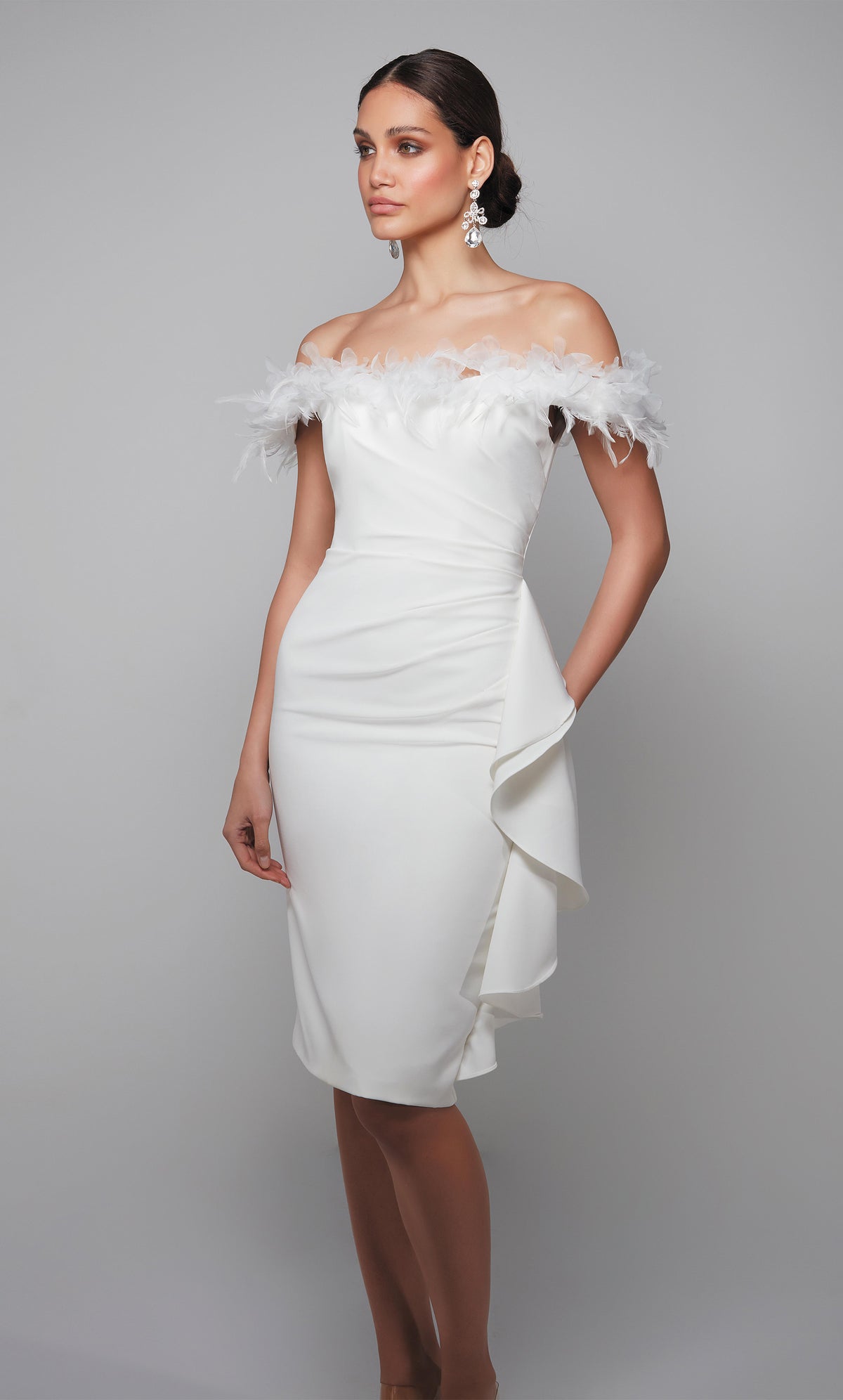 Ivory engagement dress with side ruffle and feather trimmed off the shoulder bodice.