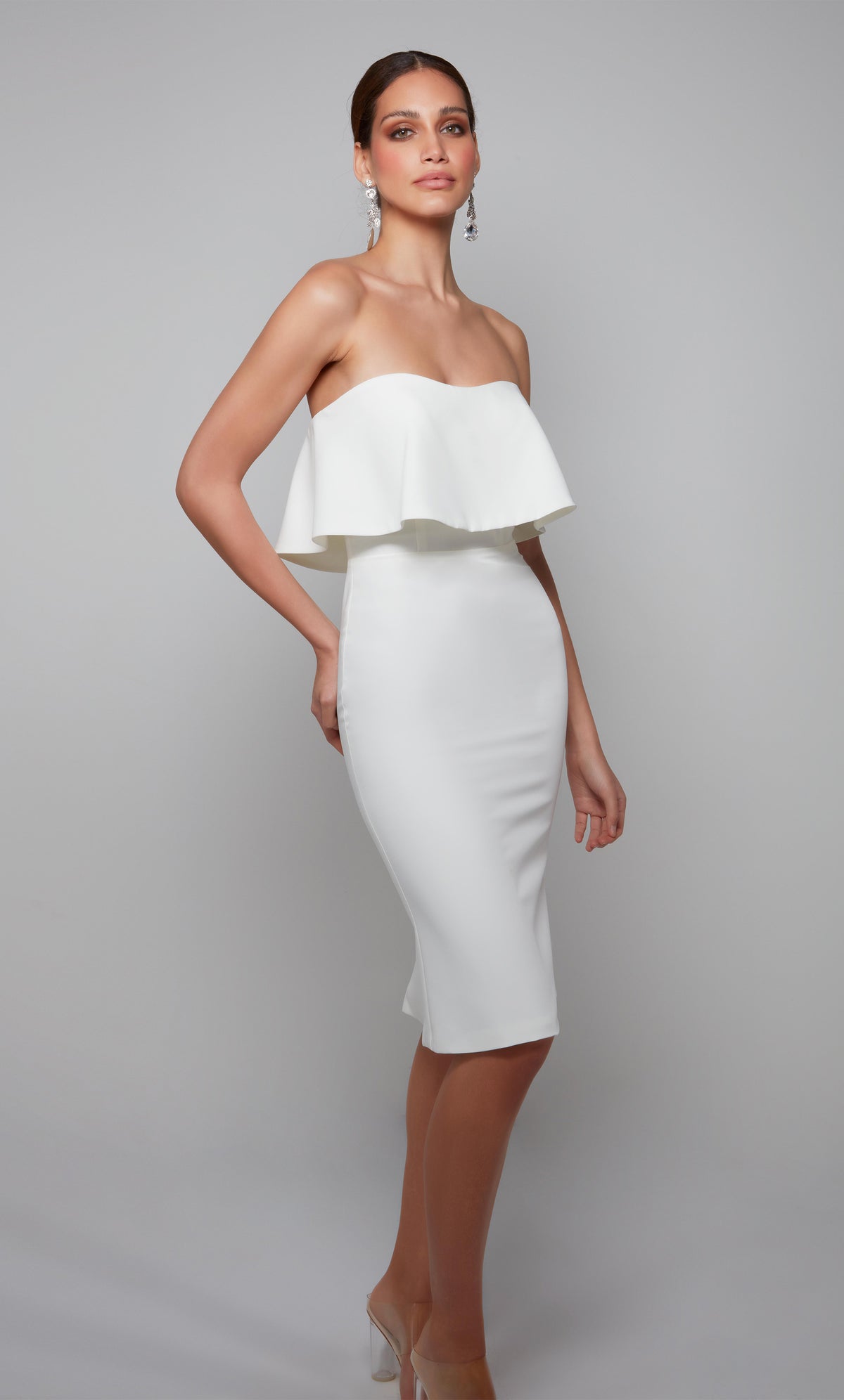 Ruffled strapless engagement party dress in ivory.