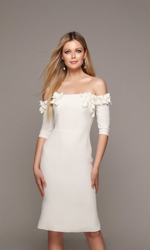 Ivory cocktail midi dress with an off the shoulder bodice enhanced with an airy flower volant. Color-SWATCH_70003__IVORY