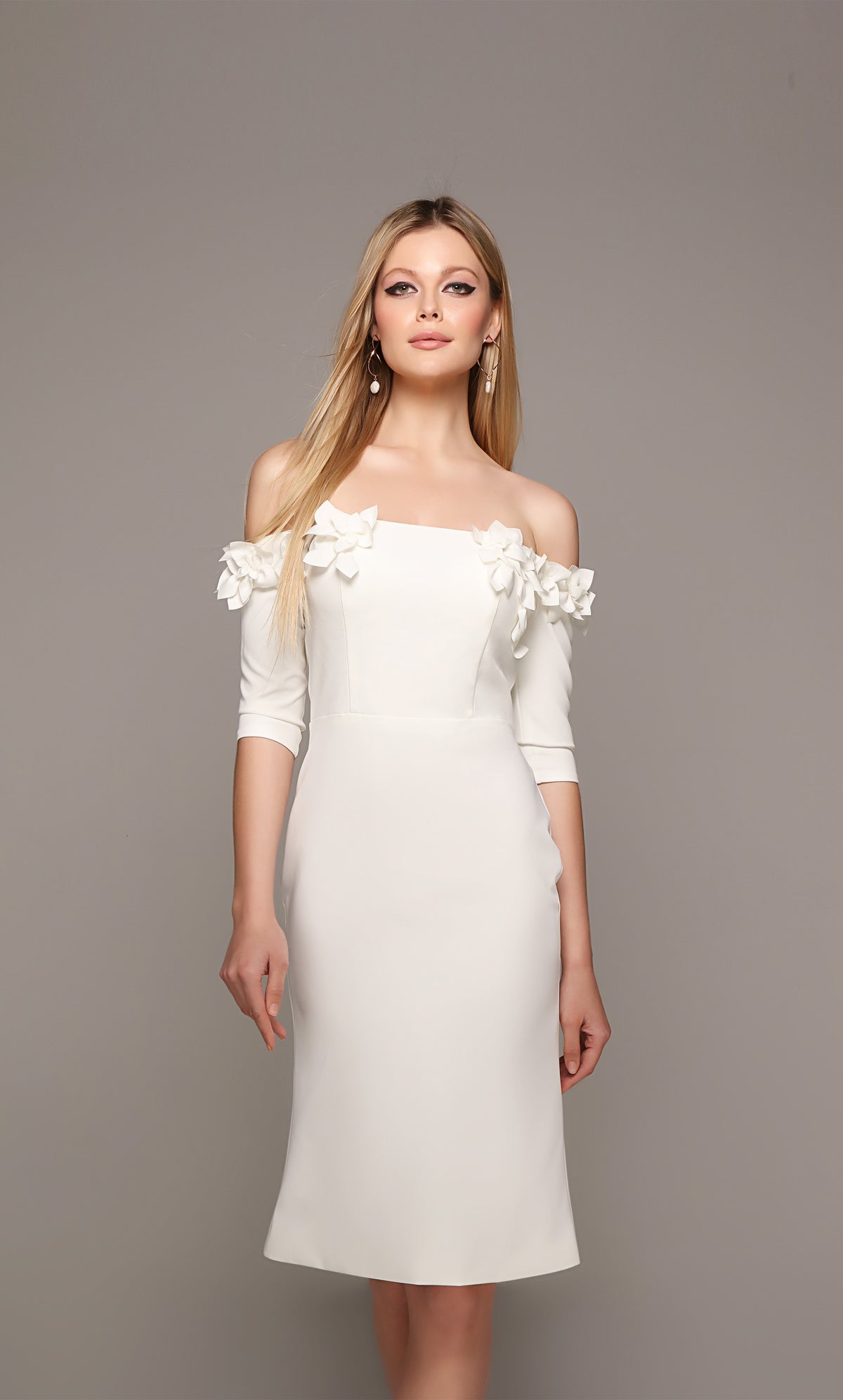 Foral engagement dress with an off the shoulder bodice in ivory.