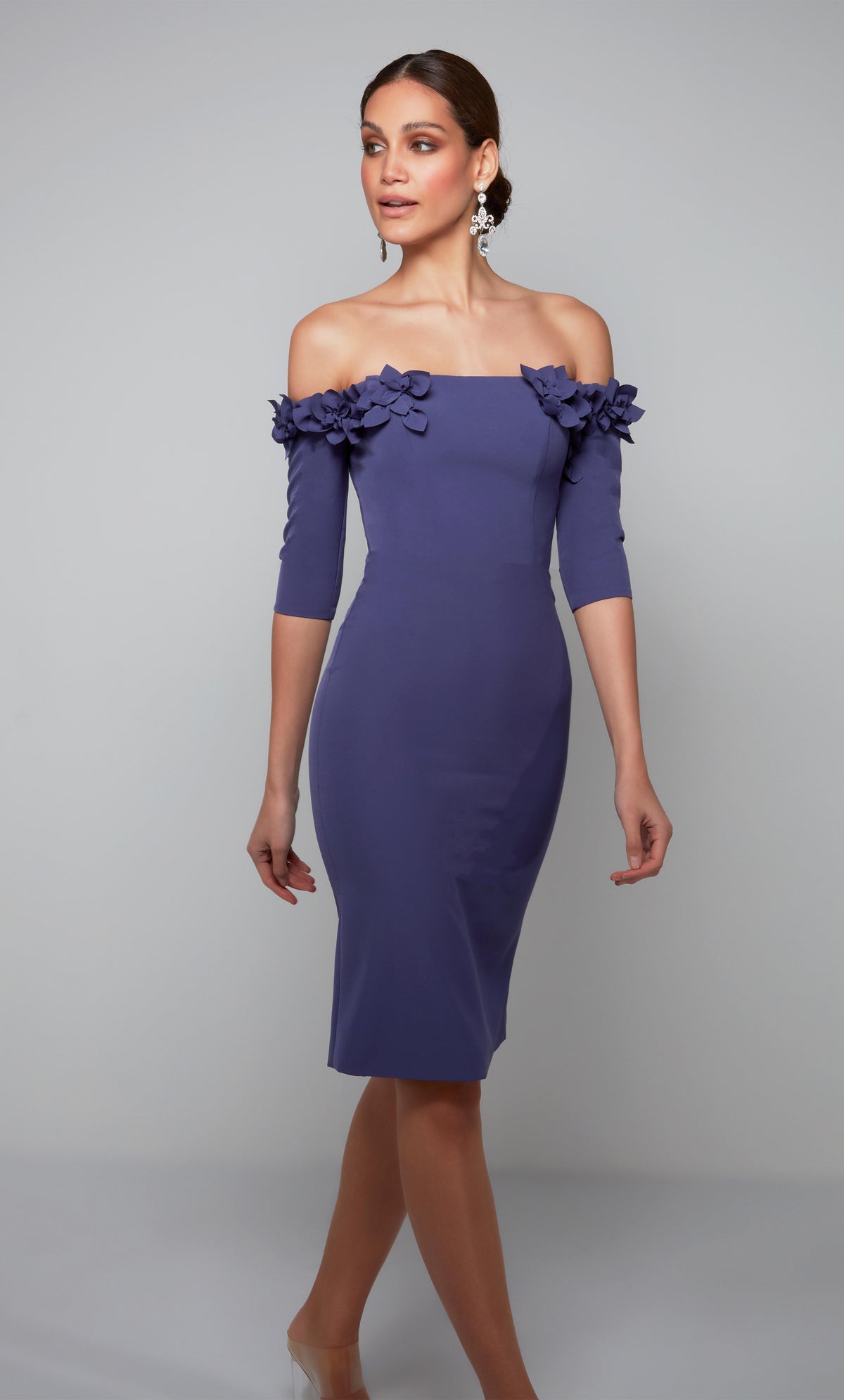 Purple cocktail midi dress with an off the shoulder bodice enhanced with an airy flower volant. Color-SWATCH_70003__IVORY