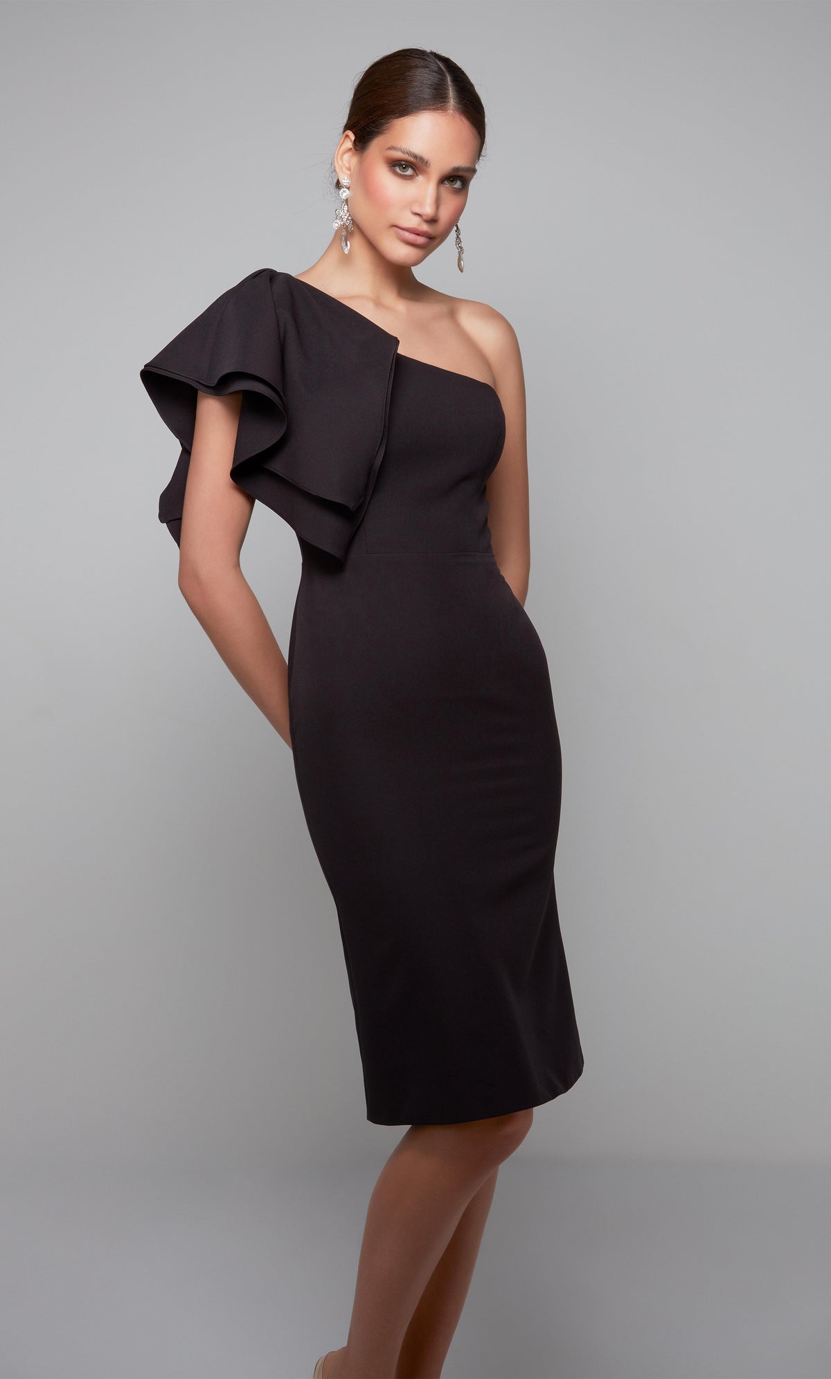 Chic one shoulder ruffle midi dress in black. Color-SWATCH_70005__BLACK