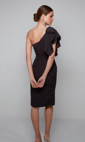Chic one shoulder ruffle midi dress with a zip up back in black.