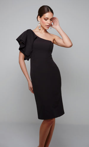 Chic one shoulder ruffle midi dress in black.