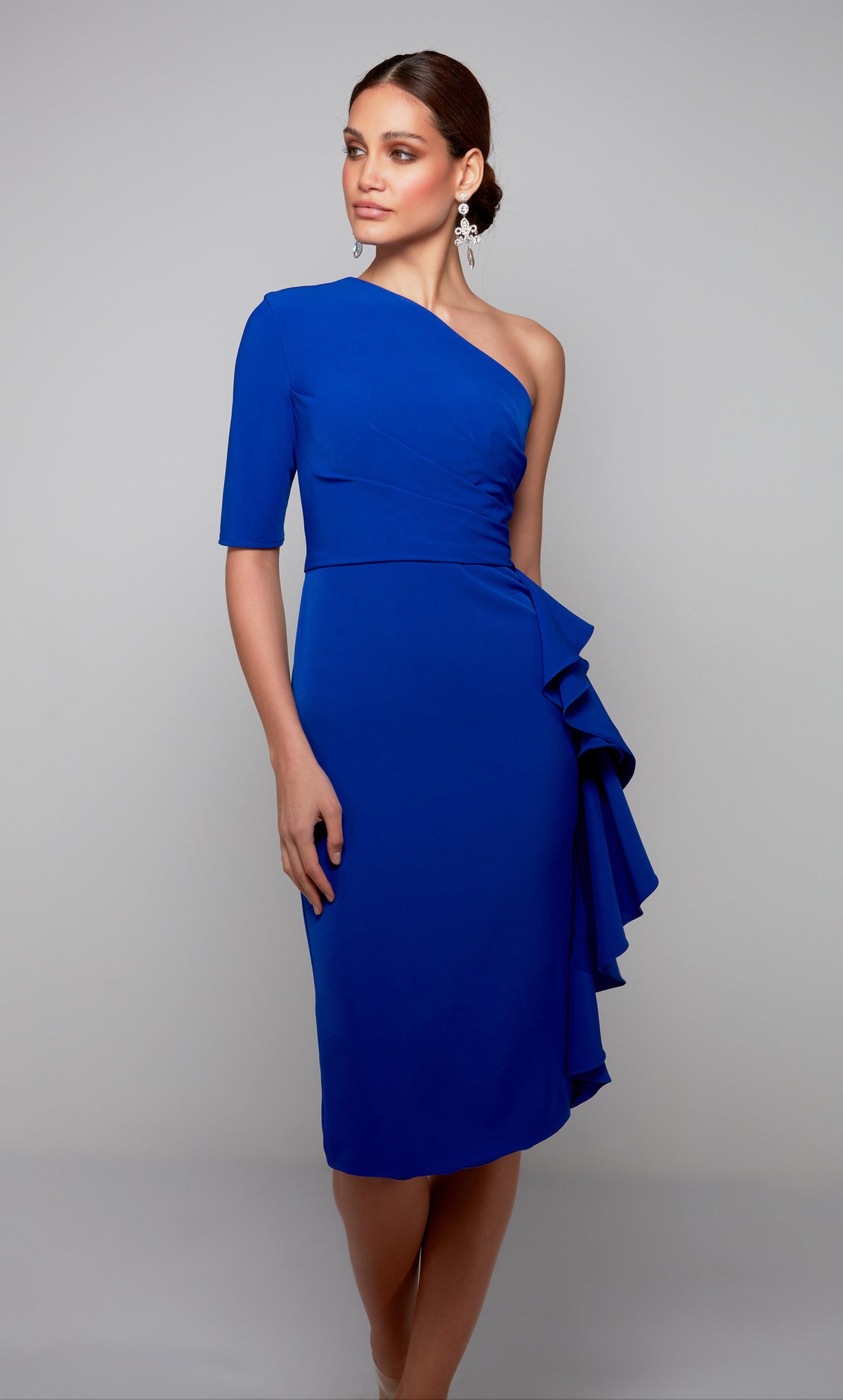 One shoulder cocktail dress with side ruffle in cobalt blue. Color-SWATCH_70006__COBALT