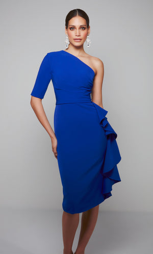 One shoulder cocktail dress with side ruffle in cobalt blue.