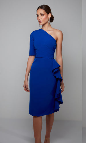 One shoulder midi dress with side ruffle in cobalt blue.