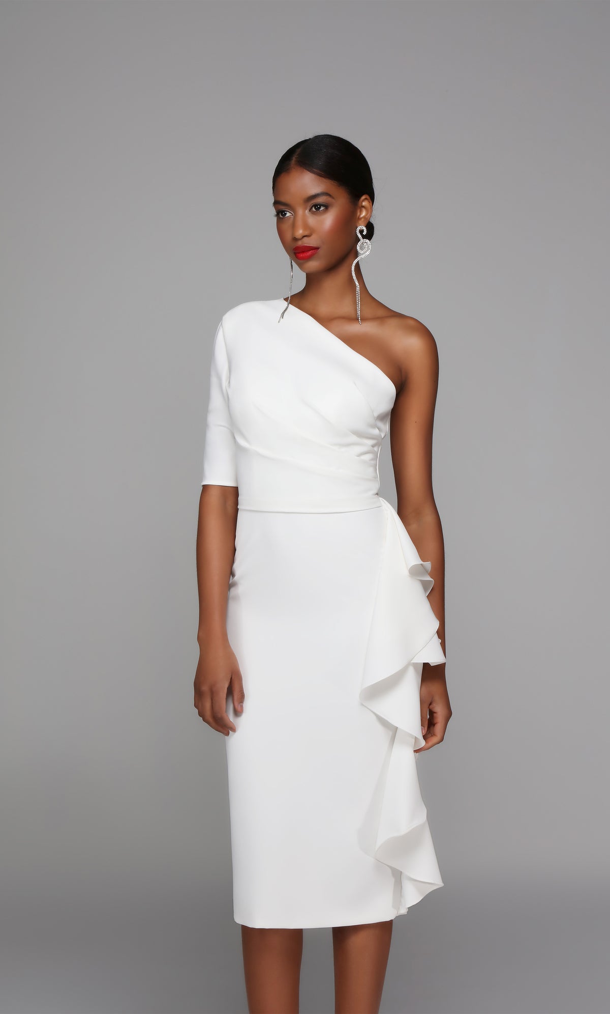 One shoulder white engagement party dress with ruched bodice and side ruffle. Color-SWATCH_70006__IVORY