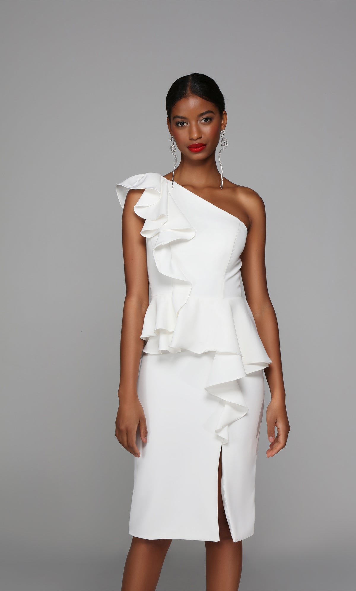 One shoulder ruffled white cocktail dress with side slit.