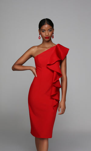 Red one shoulder cocktail dress enhanced with an elegant side ruffle. Color-SWATCH_70008__RED