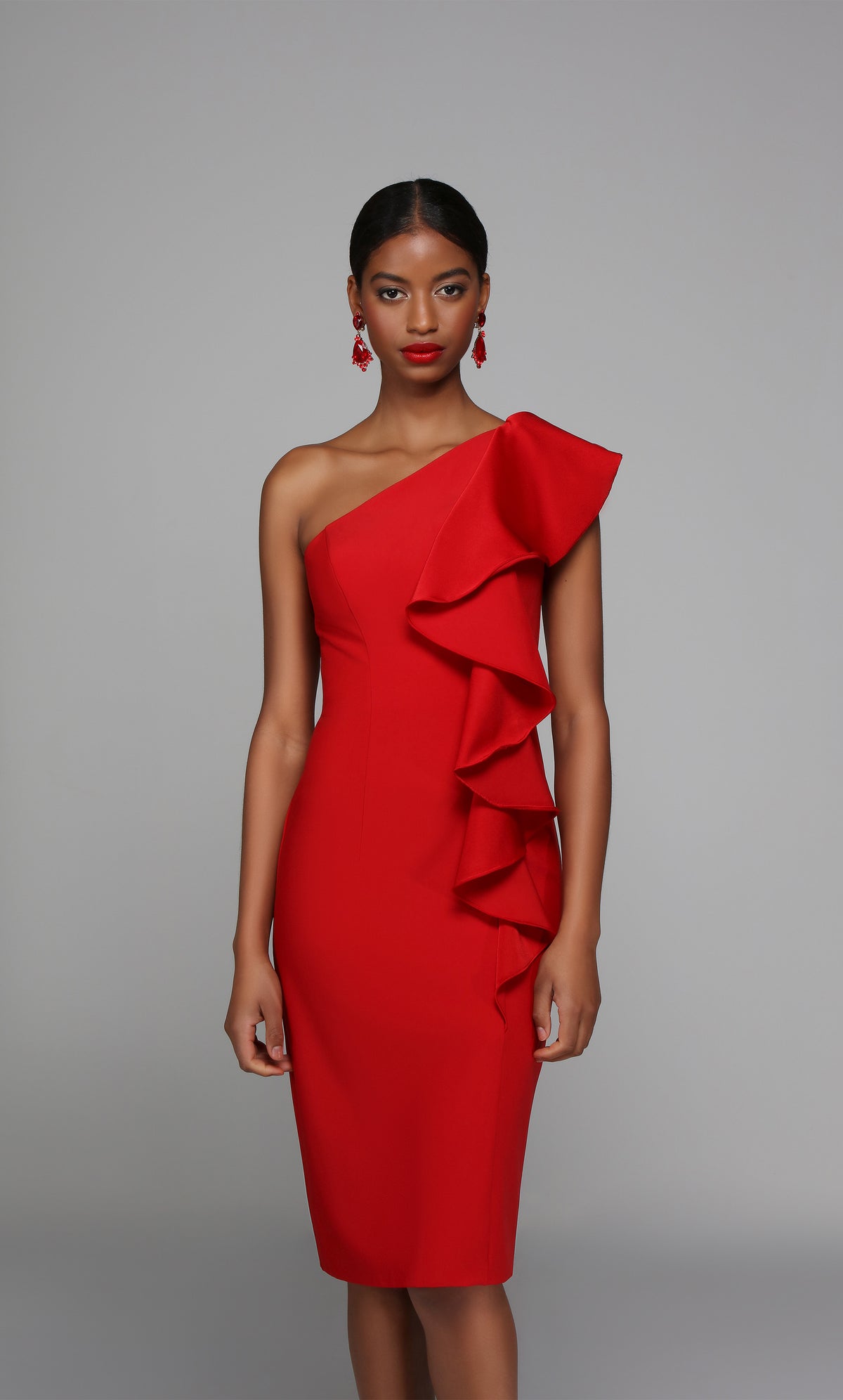 Red one shoulder midi dress enhanced with an elegant side ruffle.