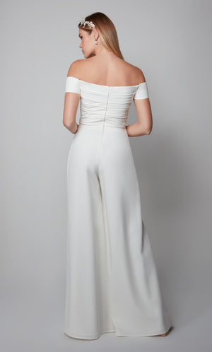 Ivory wedding jumpsuit with an elegant off the shoulder pleated bodice and zip up back.