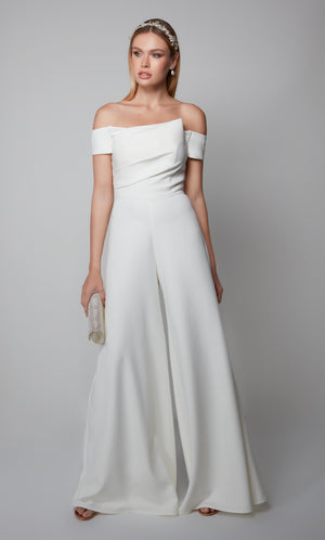 Ivory formal jumpsuit with an elegant off the shoulder pleated bodice.