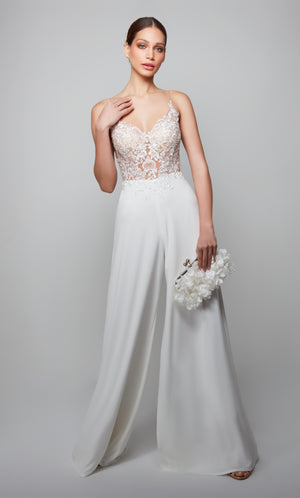 Ivory lace formal jumpsuit with a sheer V neck bodice.