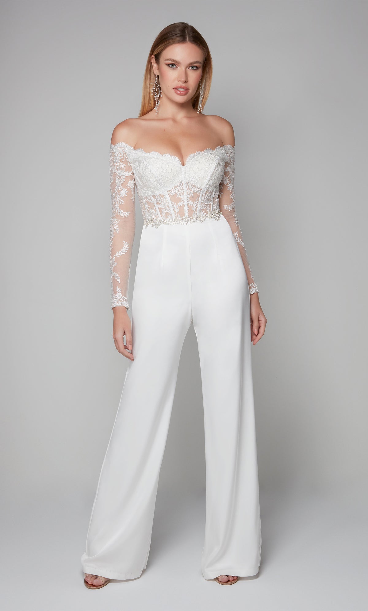 White long sleeve jumpsuit with a sheer lace off the shoulder corset bodice.
