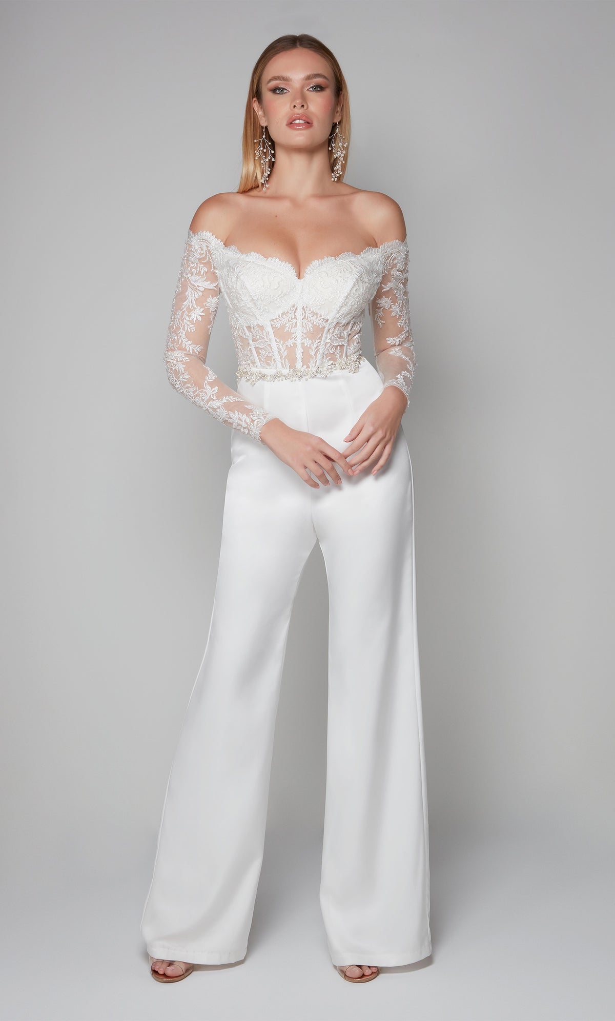 White long sleeve jumpsuit with a sheer lace off the shoulder corset bodice.
