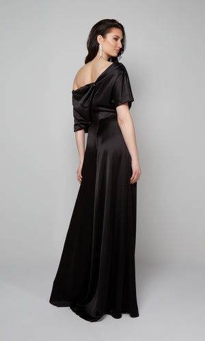 Black formal jumpsuit with draped one shoulder bodice and a zip up back.