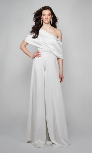 Ivory jumpsuit with a draped one shoulder bodice. Color-SWATCH_70019__IVORY