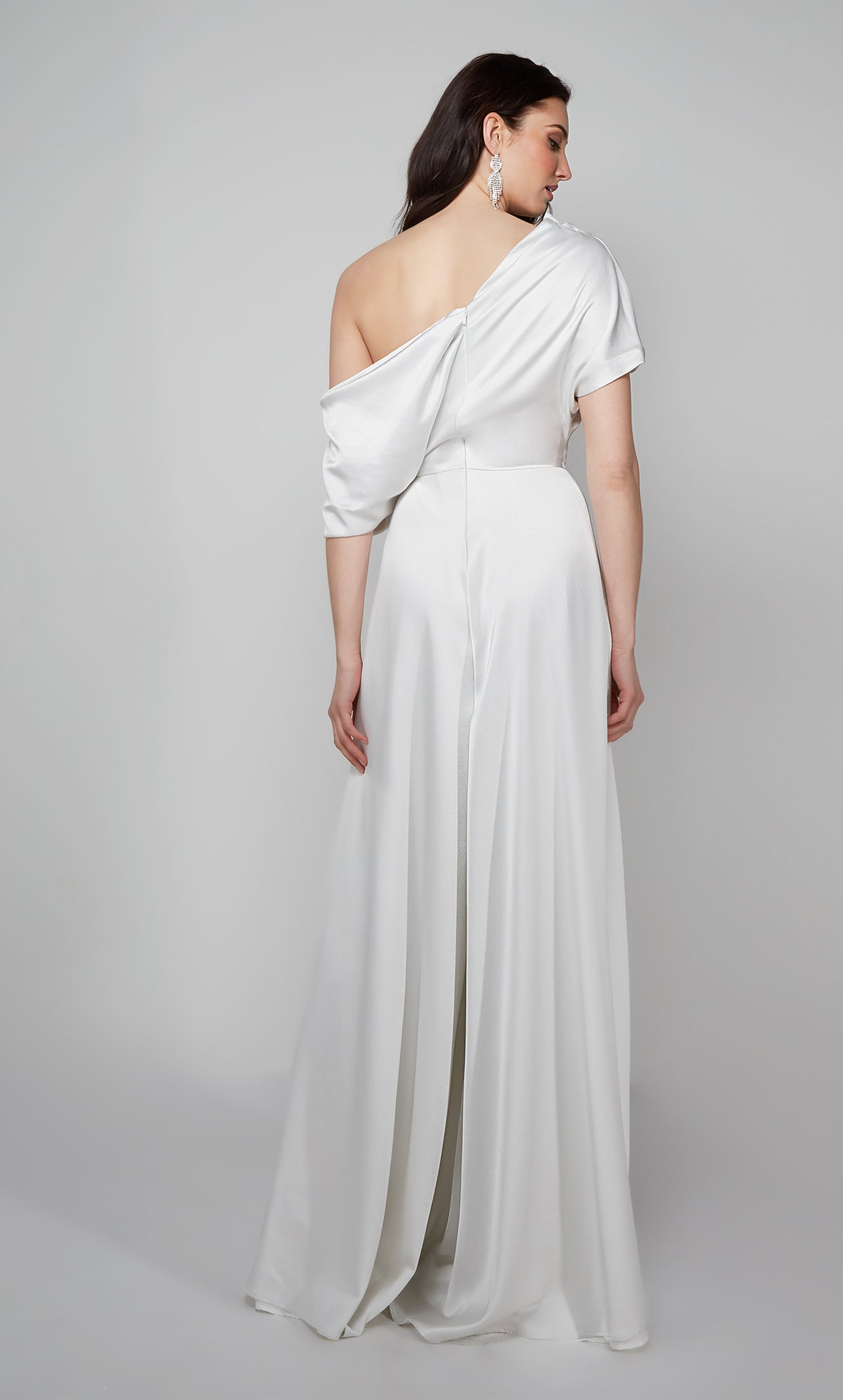 Ivory jumpsuit with a draped one shoulder bodice and zip up back.
