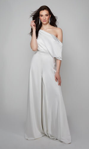 One shoulder jumpsuit with draped bodice in ivory.