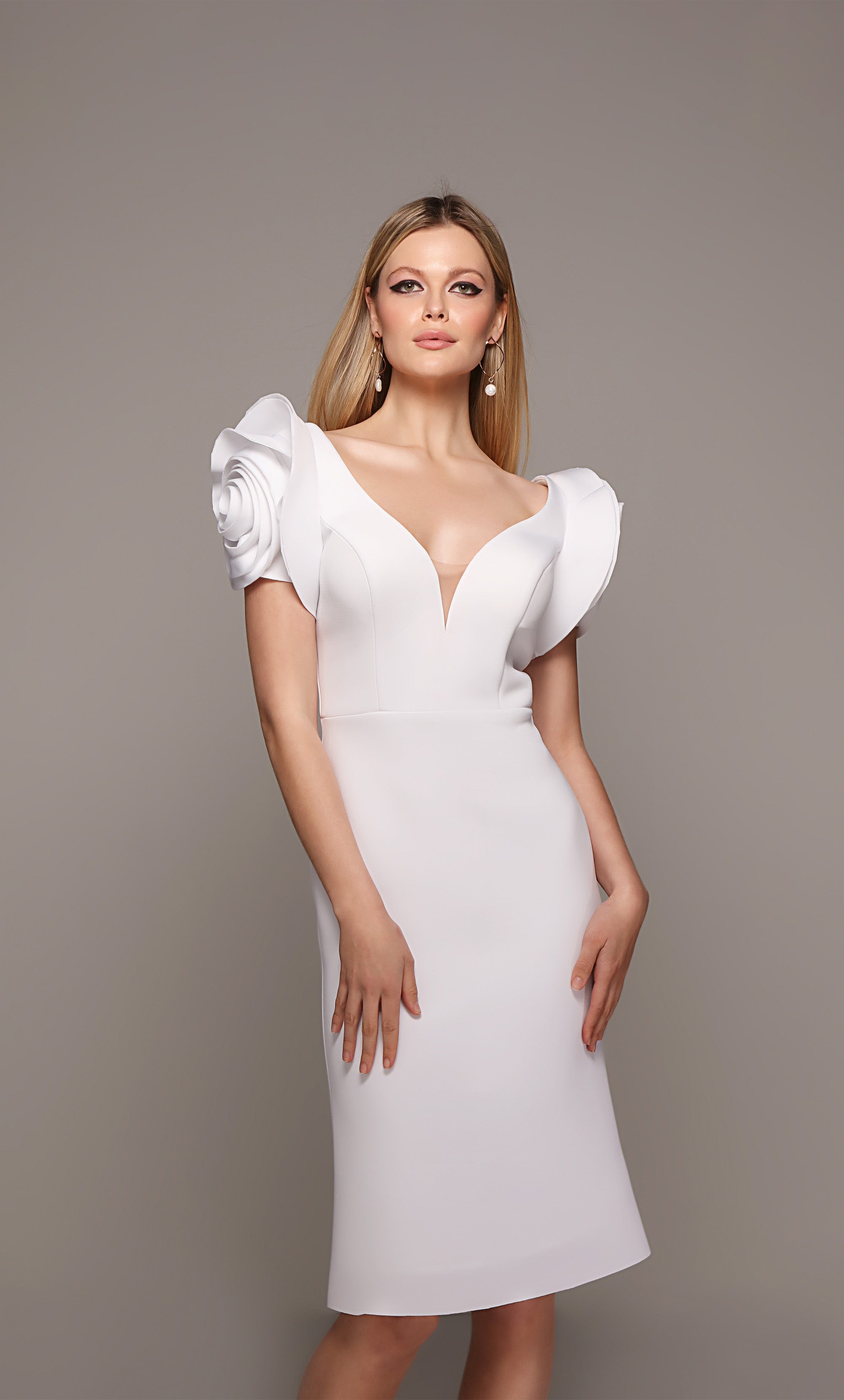 Short wedding dress with rose shaped sleeves and a plunging neckline in white. Color-SWATCH_70024__DIAMOND-WHITE