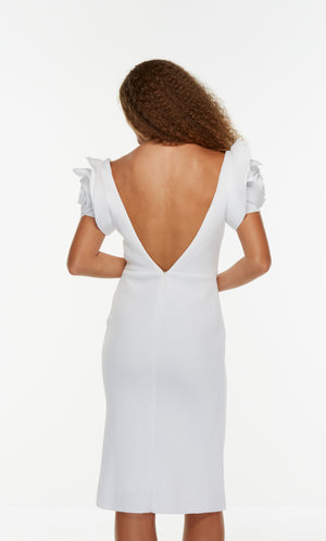 Short wedding dress with rose shaped sleeves and a deep V back style in white.