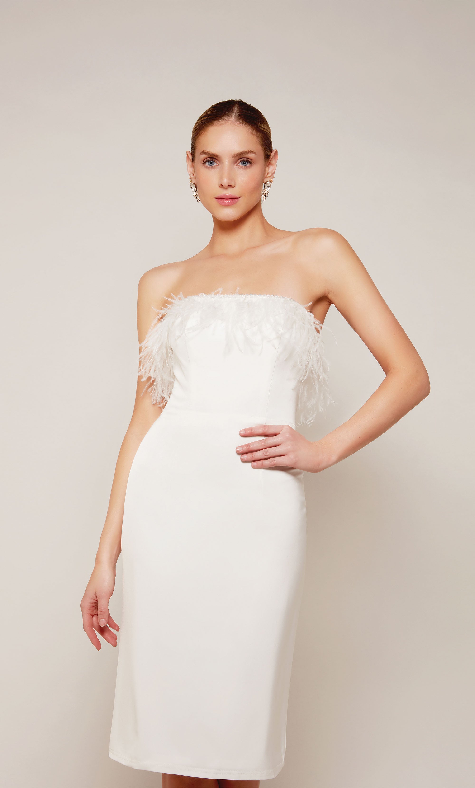 Feather trim strapless midi dress in ivory. Ostrich feathers. Color-SWATCH_70028__IVORY
