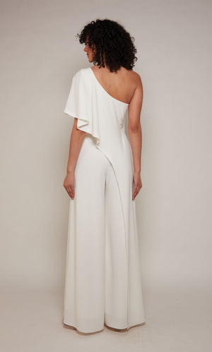A chic, wide leg jumpsuit featuring a draped top with a side zipper in ivory.